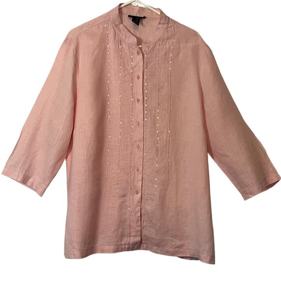 Anne Carson Blouse Womens Size 1X Pink Linen Button Up Front Sequins Side Slits - Picture 1 of 7